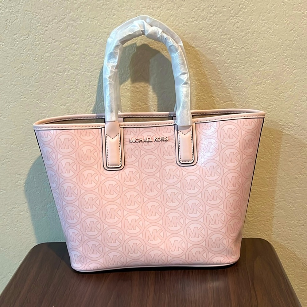 Michael Kors Small Logo Jacquard Powder Blush Signature Tote Bag‎